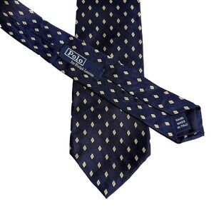 VTG Polo Ralph Lauren Silk Tie Navy Blue Yellow White Diamond Geometric Italy